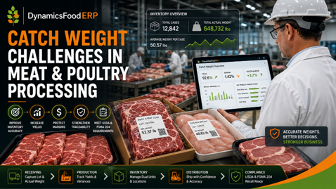 Meat processing catch-weight dashboard tracking variable-weight inventory, traceability, and production.