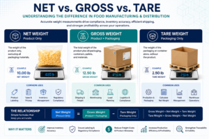 Net Weight vs Gross Weight infographic comparing net, gross, and tare weight in food manufacturing.