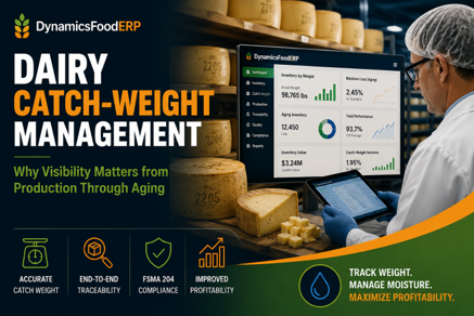 Dairy catch weight management dashboard for cheese production with aging, traceability, inventory visibility, and profitability insights.
