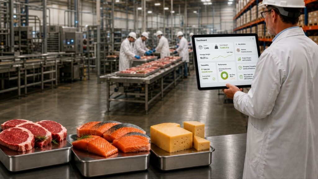 Catch weight food processing facility with workers on a production line. Trays of steak, salmon, and cheese are shown in the foreground while a worker monitors catch weight, inventory, traceability, and performance data on a tablet.