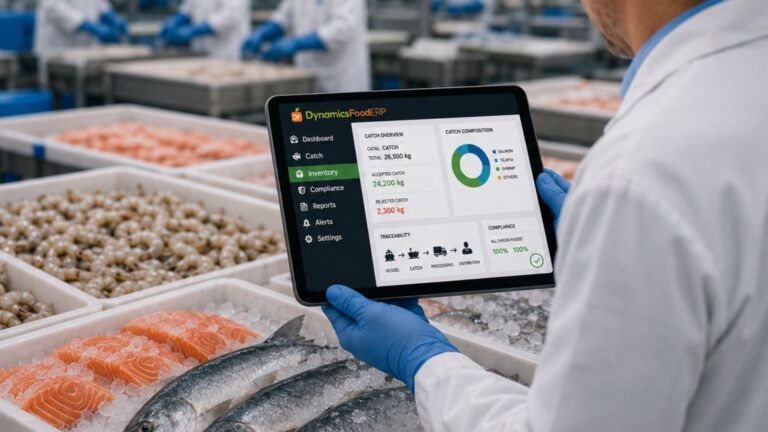 A seafood processing worker in a white coat, hairnet, and blue gloves holds a tablet displaying the DynamicsFoodERP inventory dashboard beside bins of fresh fish, salmon, and shrimp on ice, with other workers in a processing facility in the background.