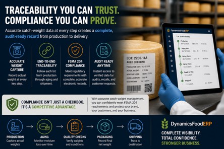 Dairy catch weight management improves traceability, FSMA 204 compliance, and audit-ready cheese inventory records.