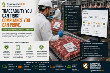 Meat processing traceability software tracking lots, inventory, and FSMA 204 compliance.