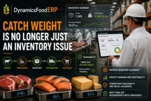 Catch-Weight food industry ERP dashboard showing seafood inventory, traceability, and weight analytics.