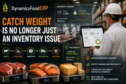Catch-Weight food industry ERP dashboard showing seafood inventory, traceability, and weight analytics.