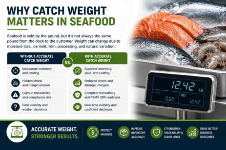 Seafood catch-weight management infographic comparing accurate and inaccurate weight tracking for traceability and inventory.