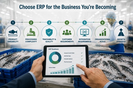 Seafood ERP selection framework showing product variability, traceability, integration, scalability, and growth requirements.