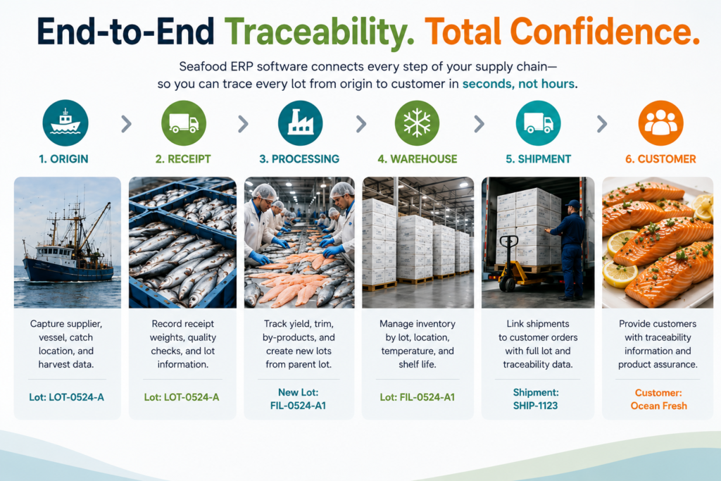 Seafood ERP traceability from origin and processing through warehouse, shipment, and customer delivery.