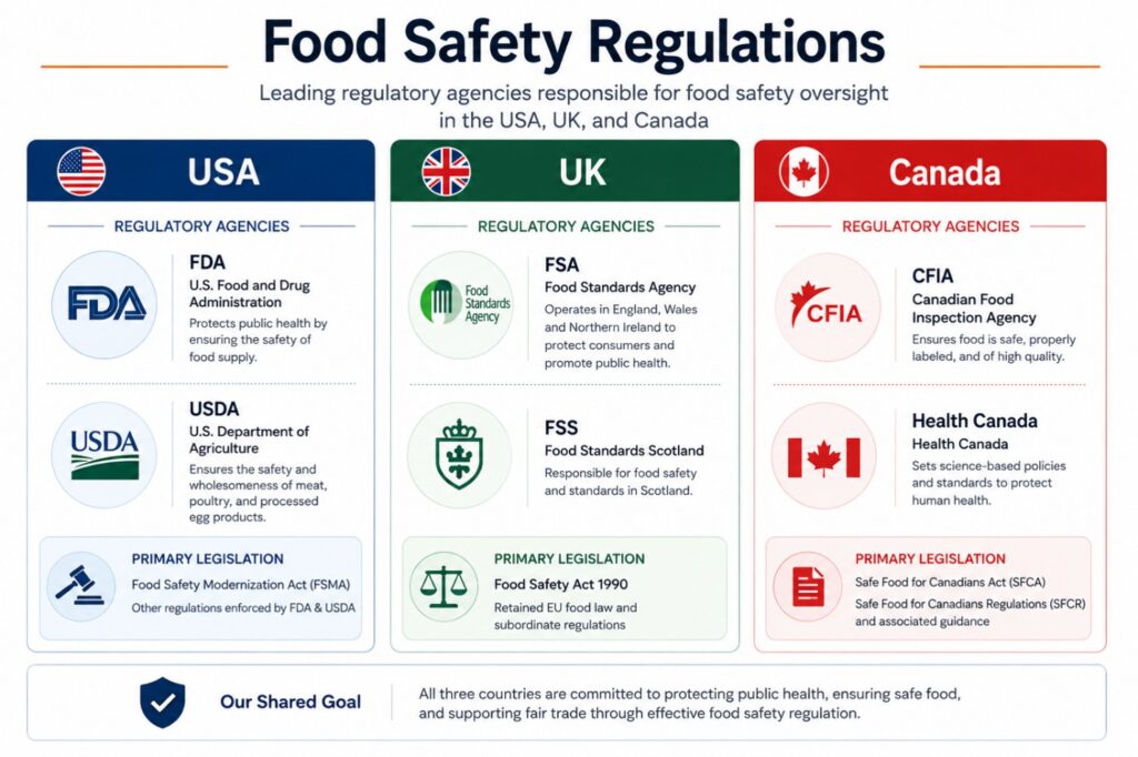 Food safety regulations comparison showing key agencies and legislation in the USA, UK, and Canada.