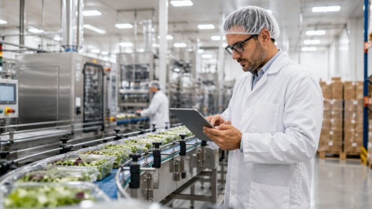 Food Safety Standards Comparison with quality inspector monitoring a food production and packaging line.