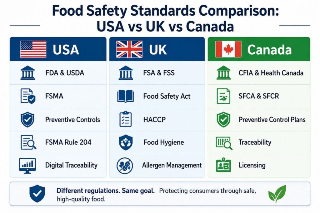 Food Safety Standards Comparison of USA, UK, and Canada regulations, controls, traceability, and agencies.
