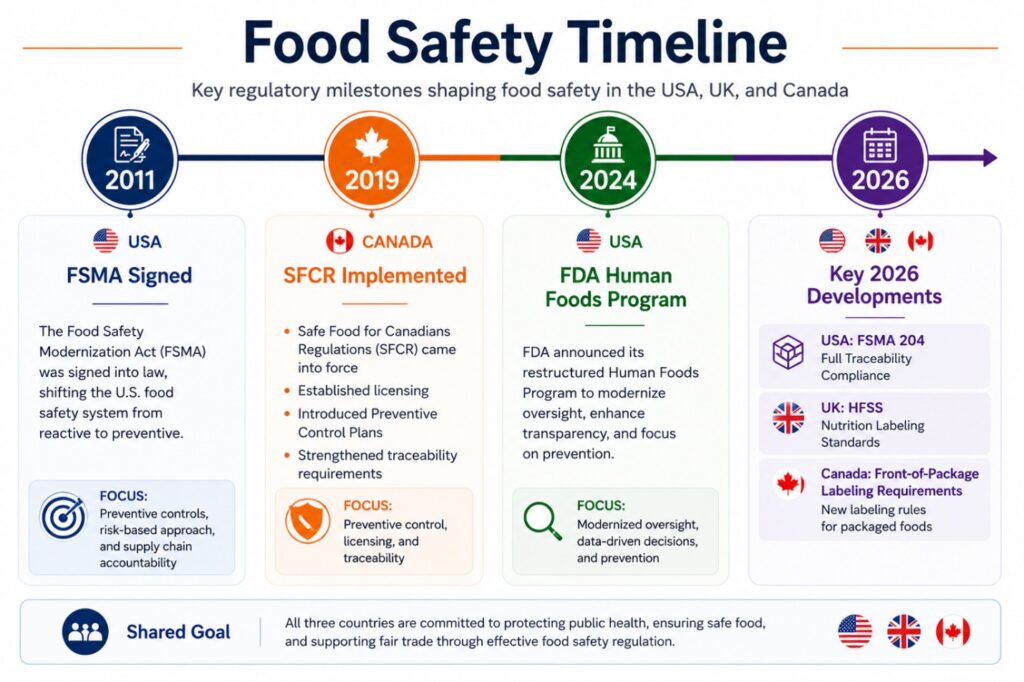 Food safety timeline highlighting key regulatory milestones in the USA, UK, and Canada from 2011 to 2026.