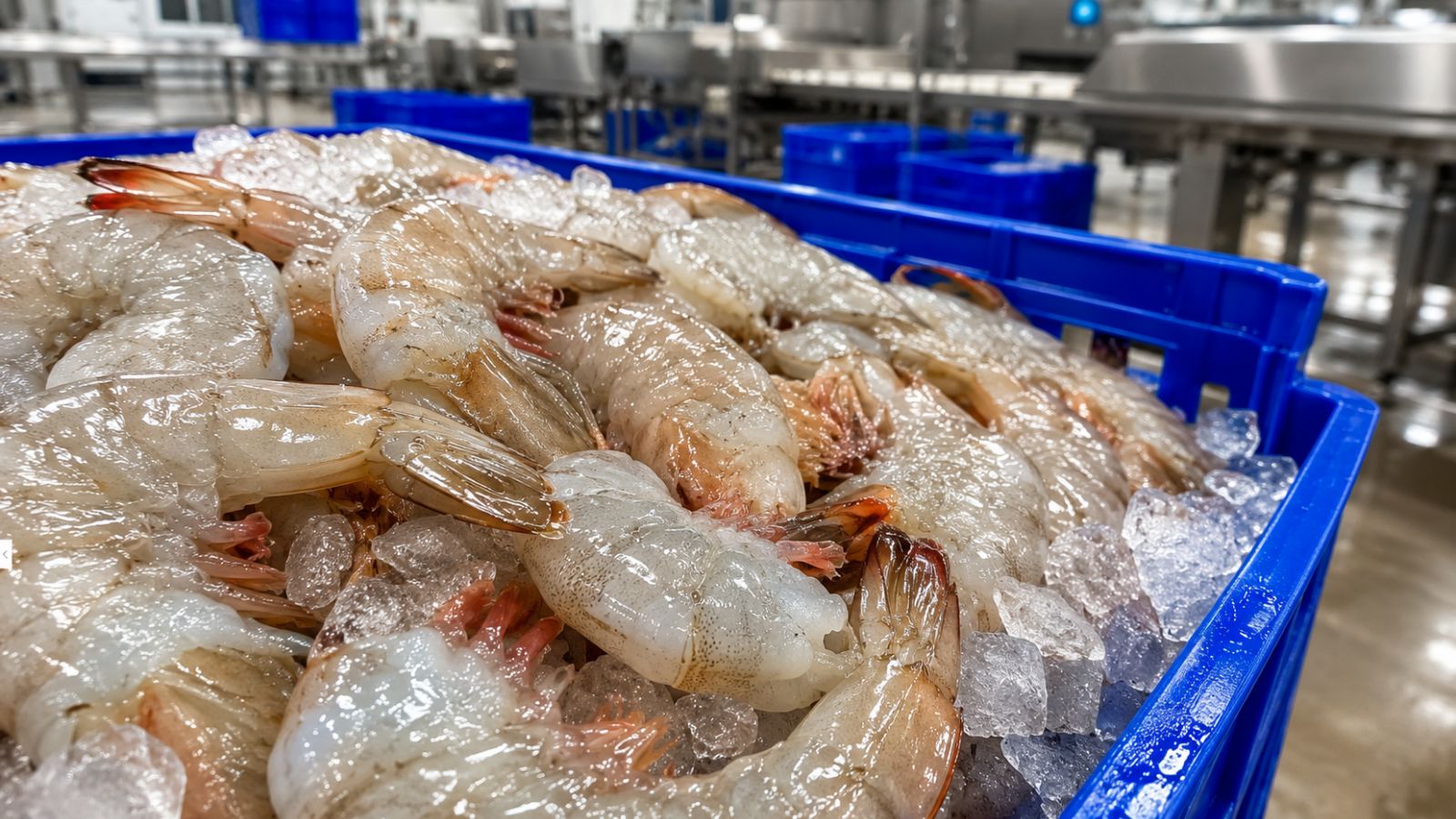 Fresh shrimp on ice in a blue food-grade crate inside a commercial seafood processing facility