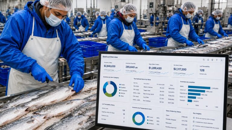 Seafood ERP Software dashboard showing inventory and traceability data in a seafood processing facility.
