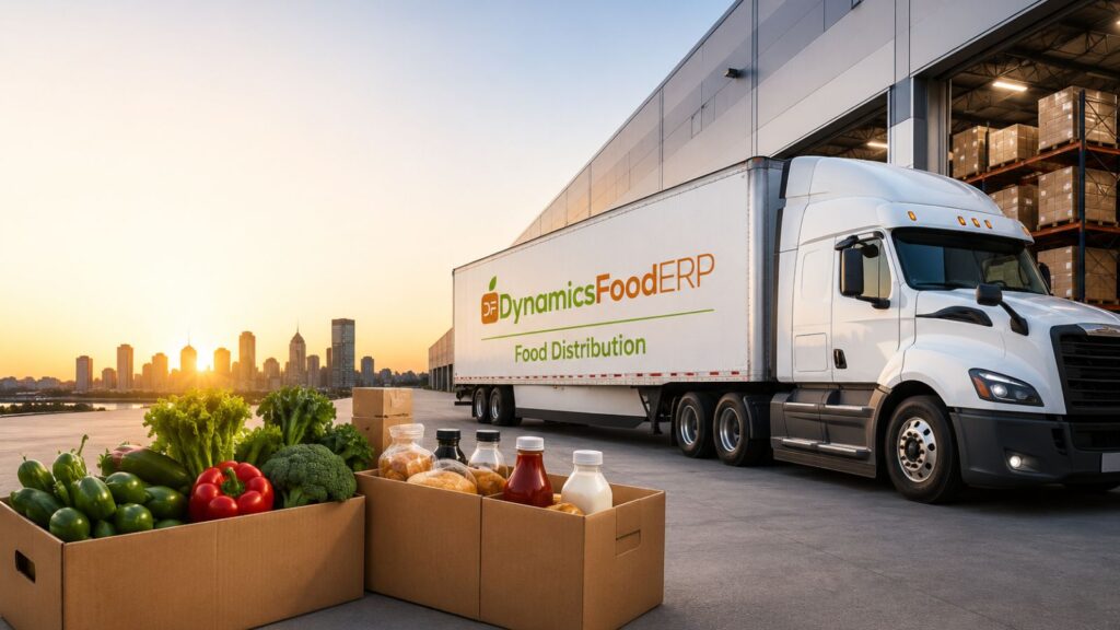 Top Food Distribution Companies represented by a branded food distribution truck outside a U.S. warehouse.
