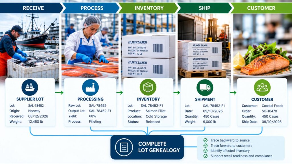 Seafood lot genealogy showing traceability from supplier receipt through processing, inventory, shipment, and customer.