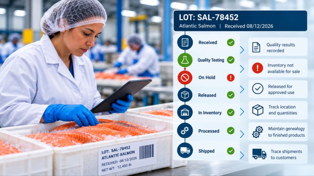 Seafood traceability system tracking salmon lot quality, holds, inventory, processing, and customer shipments.