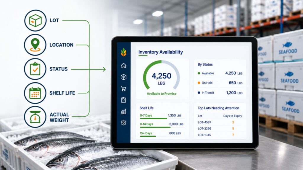 Seafood inventory dashboard tracks lot, location, shelf life, status, actual weight, and available inventory.