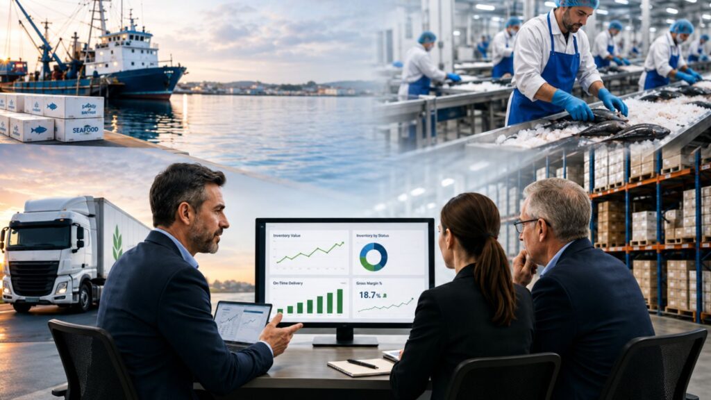 Seafood supply chain management connecting fishing, processing, cold-chain transport, inventory, and warehouse data.