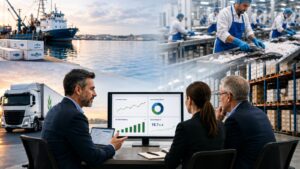 Seafood supply chain management connecting fishing, processing, cold-chain transport, inventory, and warehouse data.
