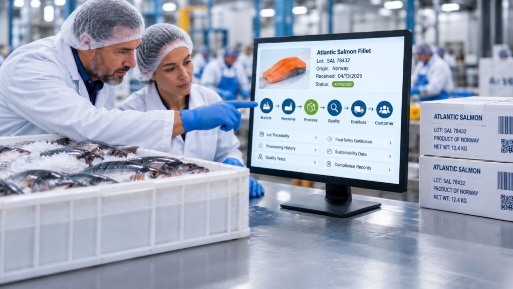 Seafood traceability system tracking Atlantic salmon lot data, quality, processing, and compliance.