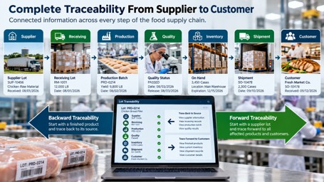Food traceability from supplier to customer, showing receiving, production, quality, inventory, shipments, and forward and backward lot tracking.