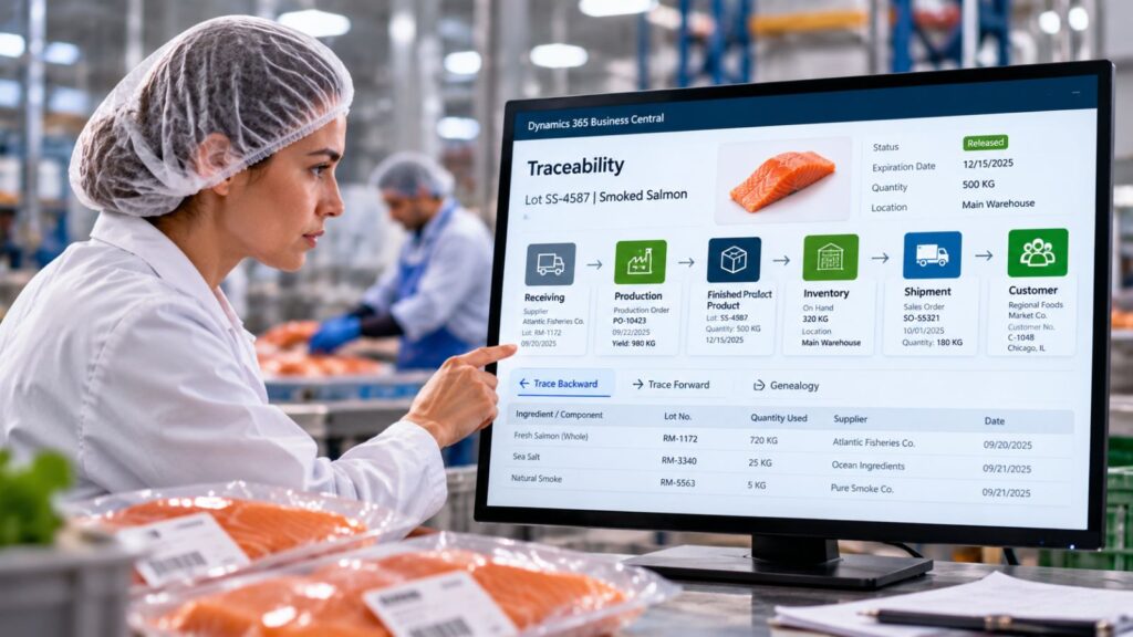 Food traceability dashboard showing lot tracking, production, inventory, and shipments at a seafood processing facility.