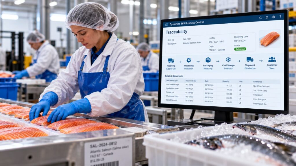 Seafood traceability dashboard in Dynamics 365 Business Central beside a worker handling salmon at a processing facility.
