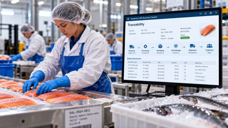 Seafood traceability dashboard in Dynamics 365 Business Central beside a worker handling salmon at a processing facility.