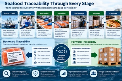 Seafood traceability diagram showing backward and forward lot tracking from catch through processing, cold storage, and customer delivery.