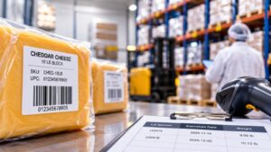 Cheddar cheese with UPC and SKU label beside lot number, expiration date, and weight records in a food warehouse.