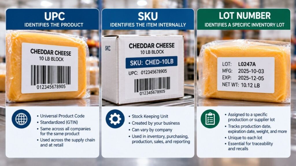 UPC vs SKU vs lot number comparison showing product, internal item, and specific inventory lot identification.