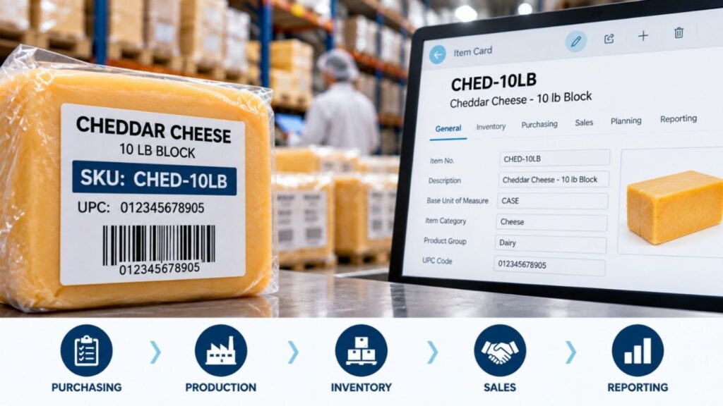 Cheddar cheese labeled SKU CHED-10LB beside an inventory item record showing how the SKU is managed across operations.