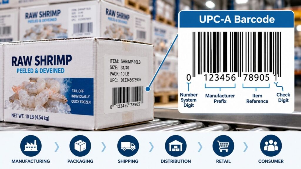 Raw shrimp case with a UPC-A barcode diagram showing its digits and use across the food supply chain